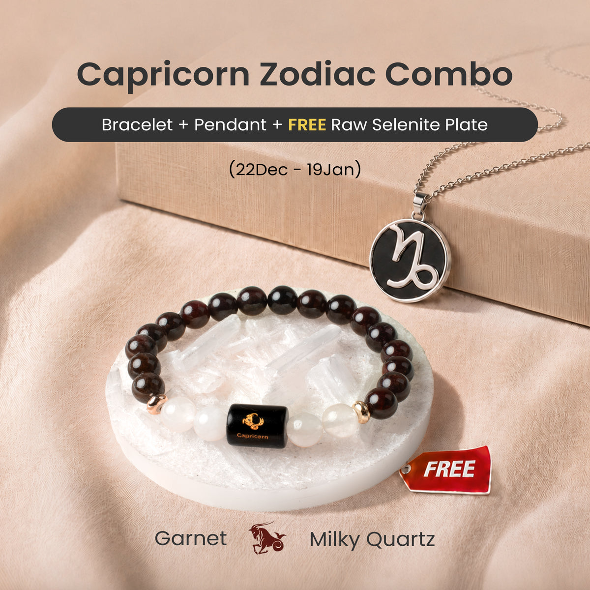 Capricorn Zodiac Bracelet with Pendant & Free Selenite Plate