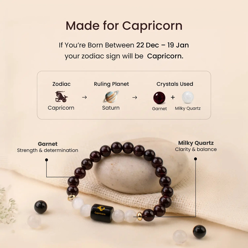 Capricorn Zodiac Garnet & Milky Quartz Bracelet