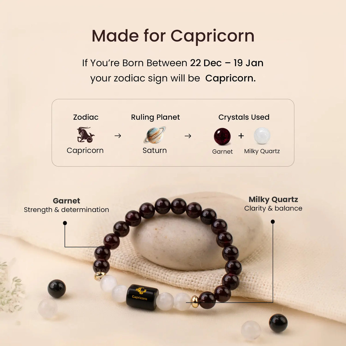 Capricorn Zodiac Garnet & Milky Quartz Bracelet