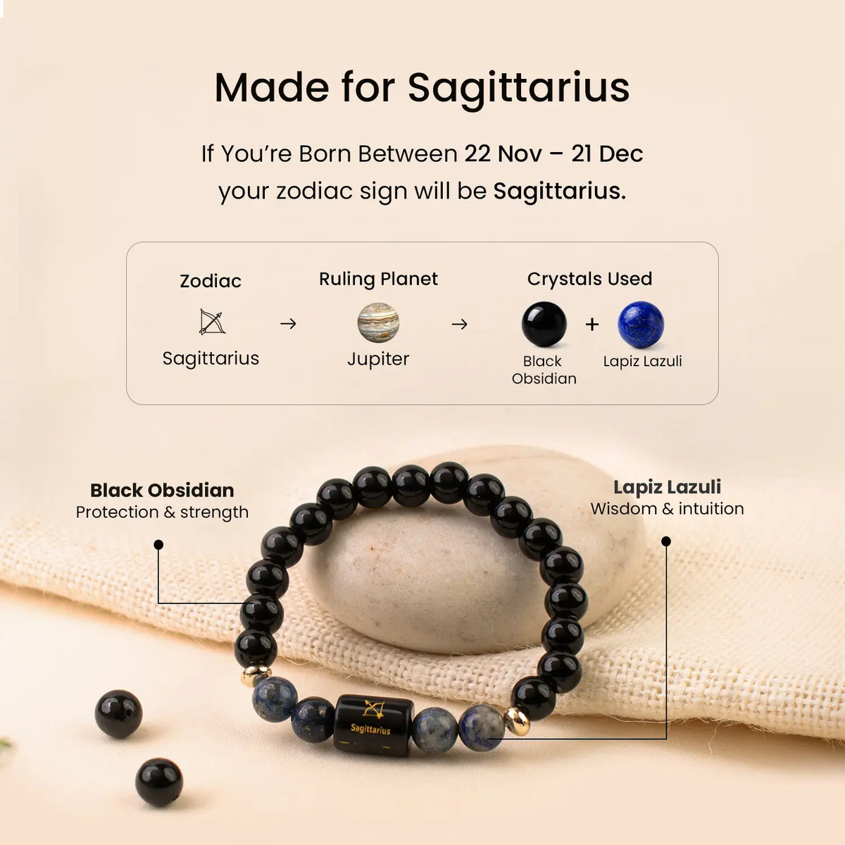 Sagittarius Zodiac Black Obsidian & Lapis Lazuli Bracelet