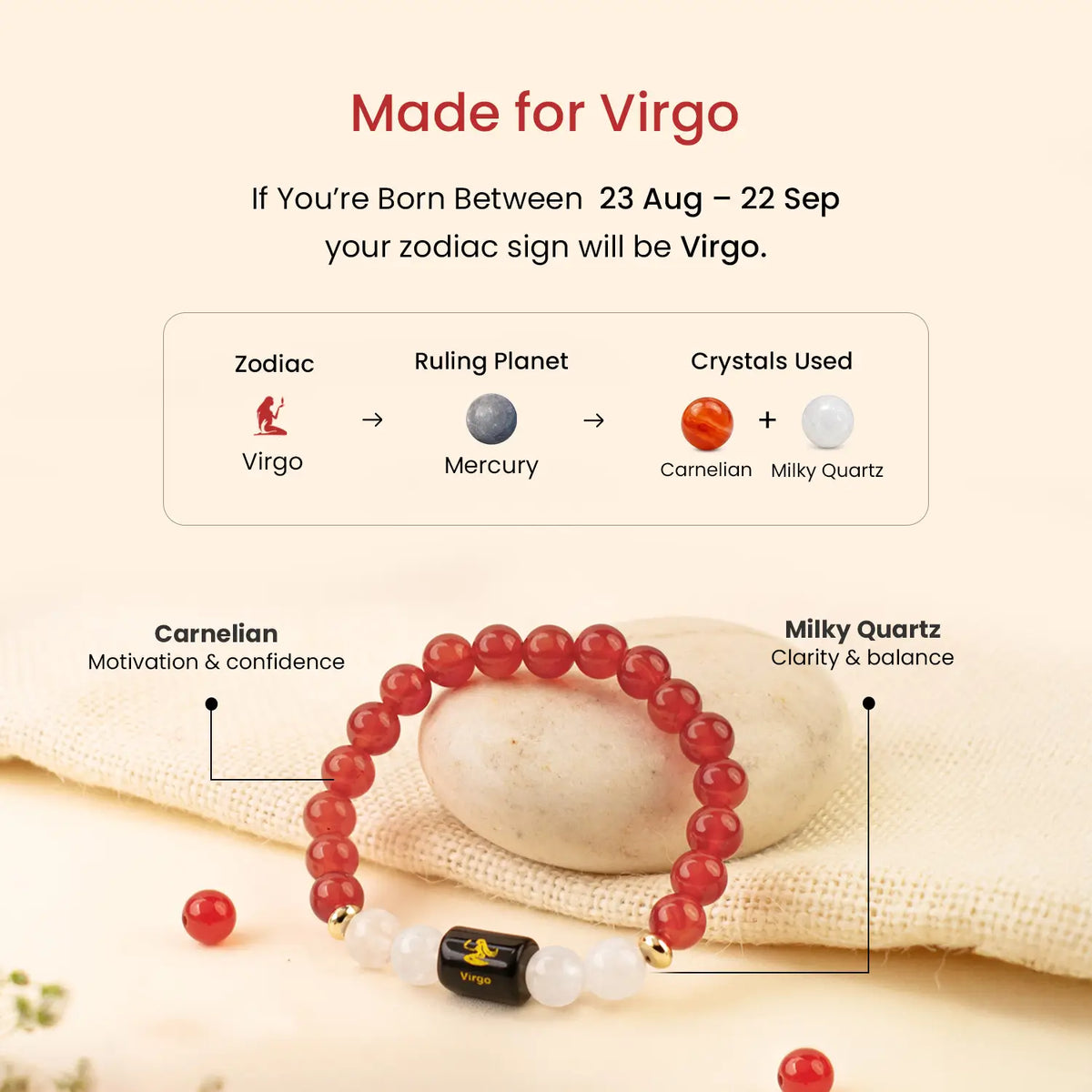 Virgo Zodiac Carnelian & Milky Quartz Bracelet