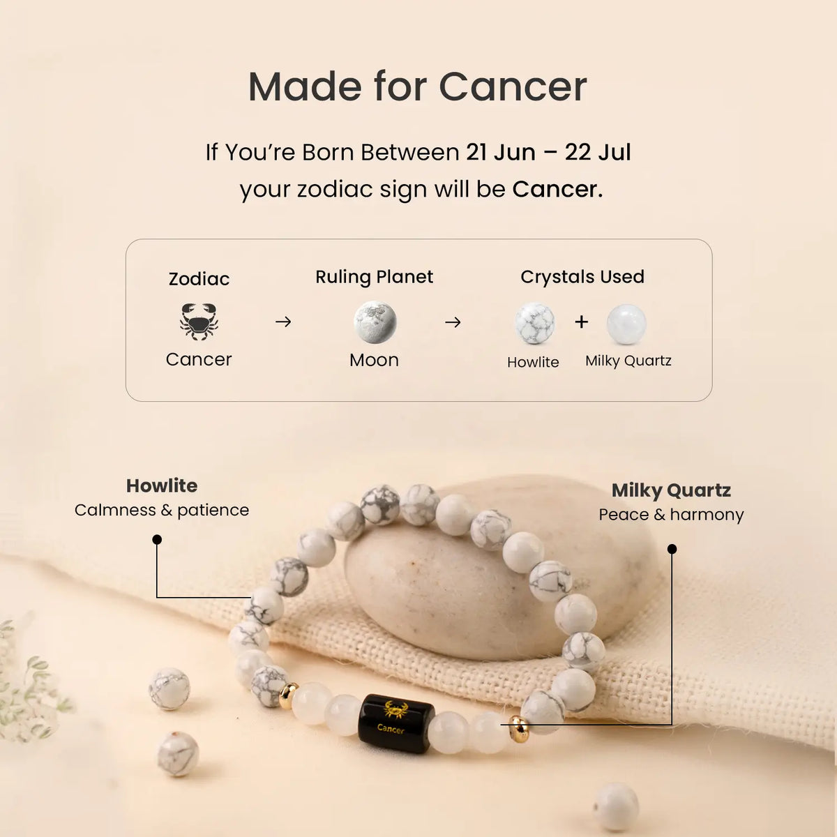 Cancer Zodiac Howlite & Milky Quartz Bracelet