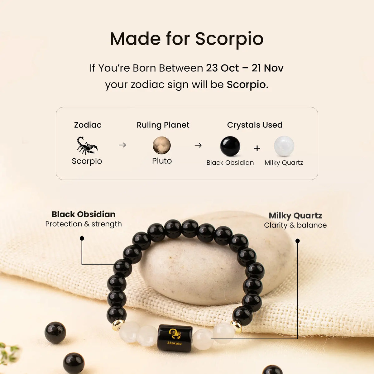 Scorpio Zodiac Black Obsidian & Milky Quartz Bracelet