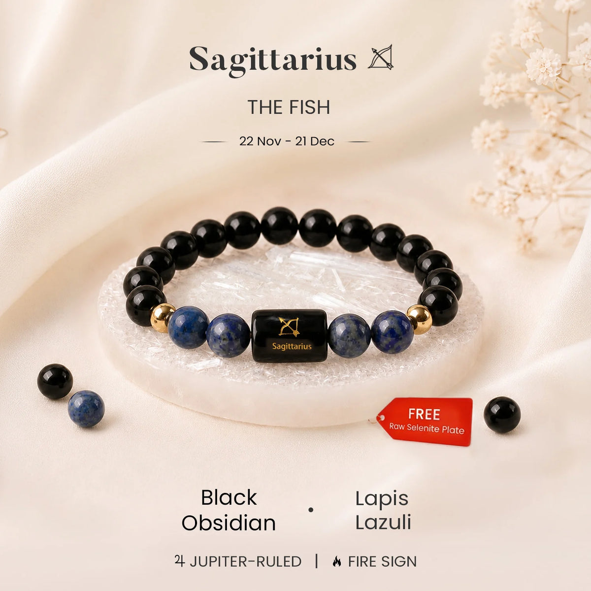 Sagittarius Zodiac Black Obsidian & Lapis Lazuli Bracelet