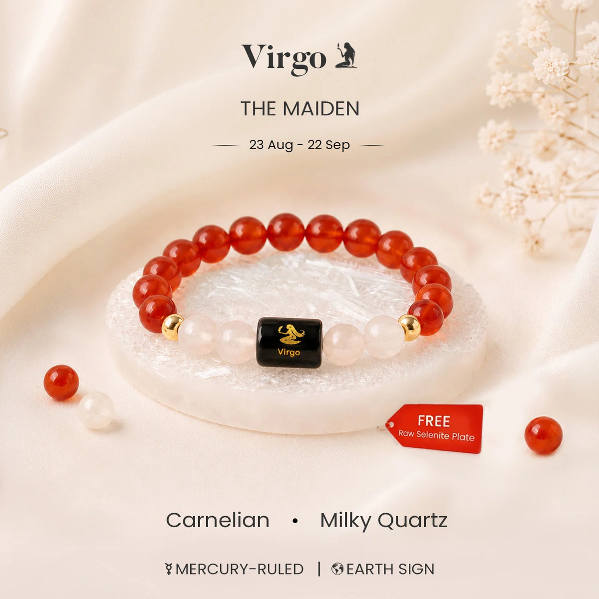 Virgo Zodiac Carnelian & Milky Quartz Bracelet